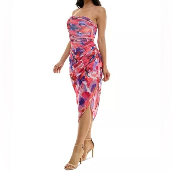 Emerald Sundae Juniors' Strapless Ruched Mesh Bodycon Midi Dress Fuchsia Sz L - Picture 3 of 9
